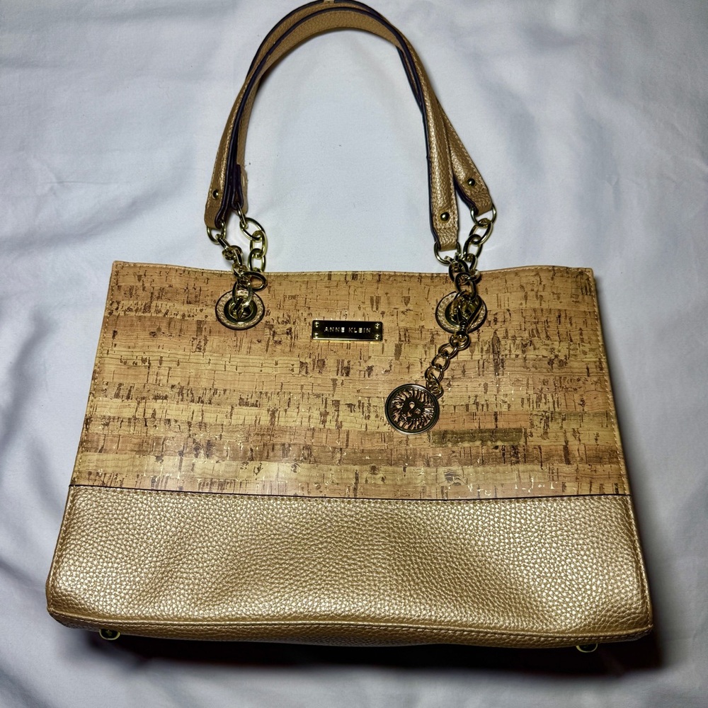 Anne Klein Leather and Cork Look Bag with Chain Straps and Medallion